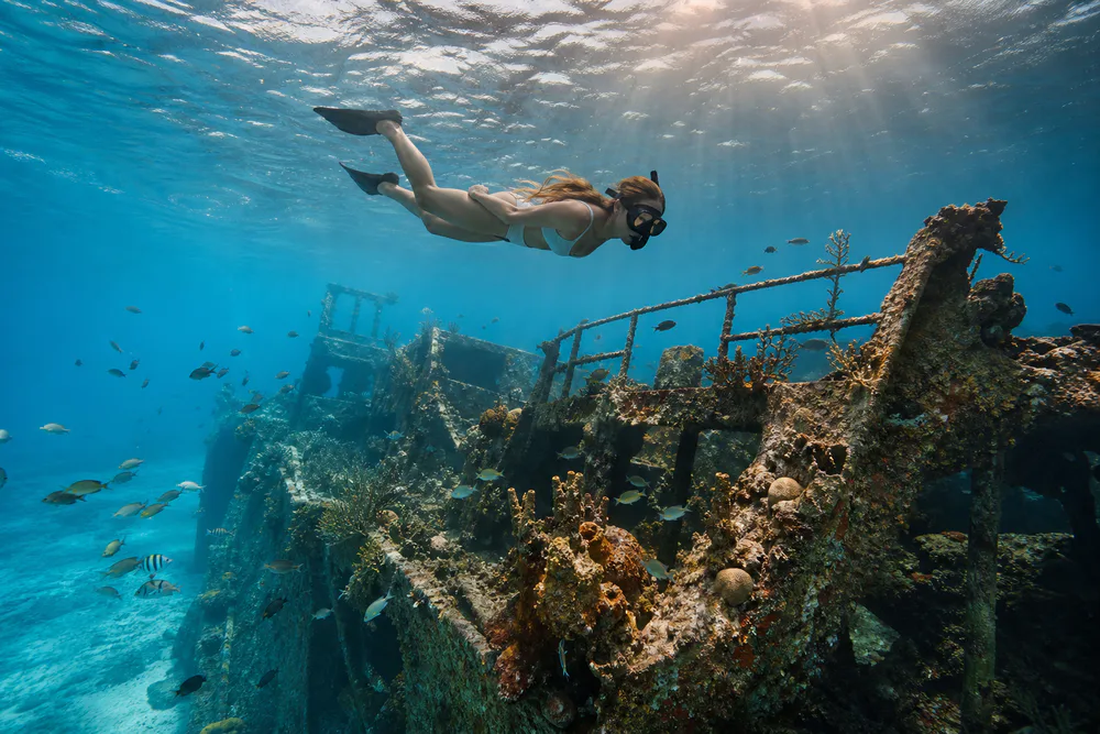 Above an underwater shipwreck